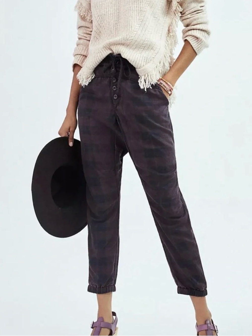 Anthropologie Jacquie Joggers Purple Check Button Detail Size Large Casual Comfy